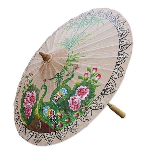 Alternate image for Peacock-Themed Paper Parasol from Thailand Peacock Garden