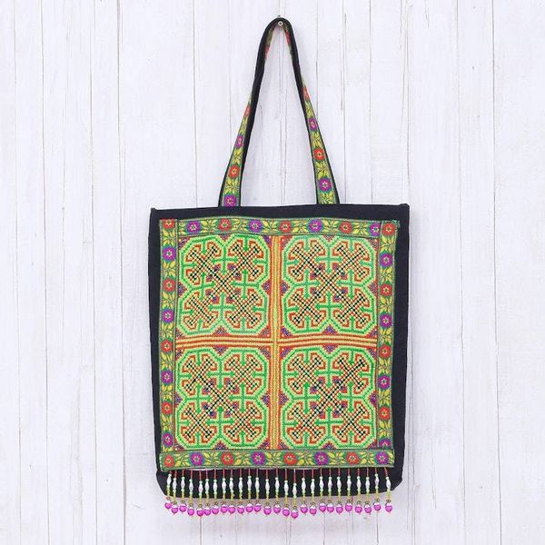 Alternate image for Colorful Cotton Hmong Tote Bag with Magnetic Snap Green Hmong