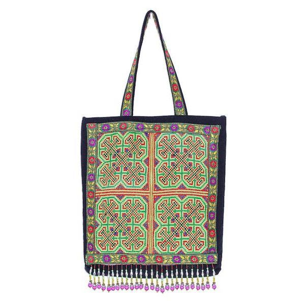 Alternate image for Colorful Cotton Hmong Tote Bag with Magnetic Snap Green Hmong