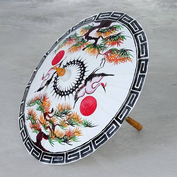 Alternate image for Hand-Painted Bamboo and Cotton Parasol Red Sun, White Crane