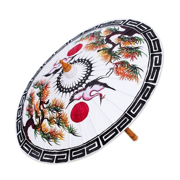 Alternate image for Hand-Painted Bamboo and Cotton Parasol Red Sun, White Crane