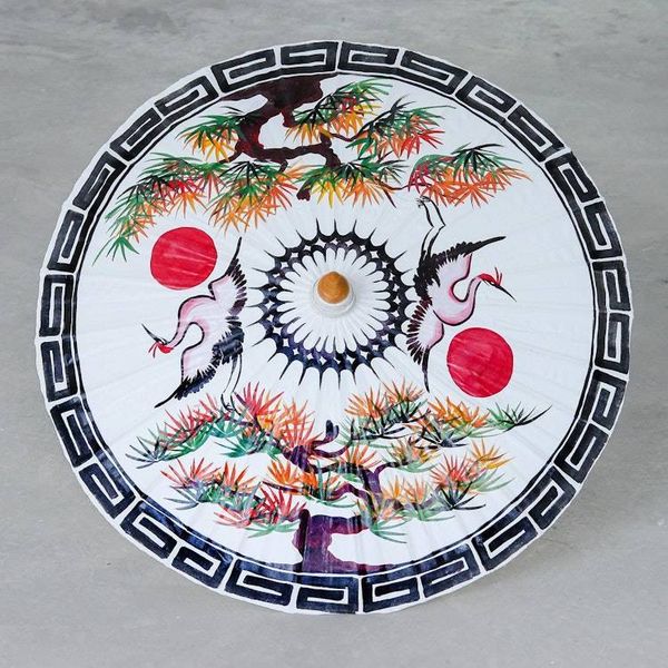 Alternate image for Hand-Painted Bamboo and Cotton Parasol Red Sun, White Crane