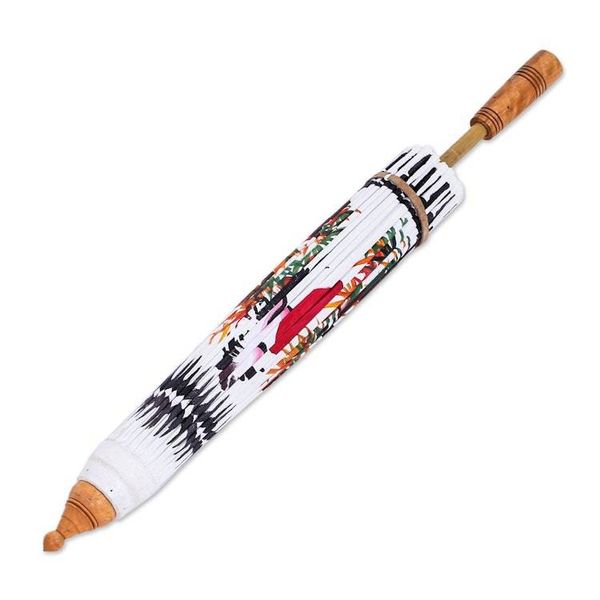 Alternate image for Hand-Painted Bamboo and Cotton Parasol Red Sun, White Crane