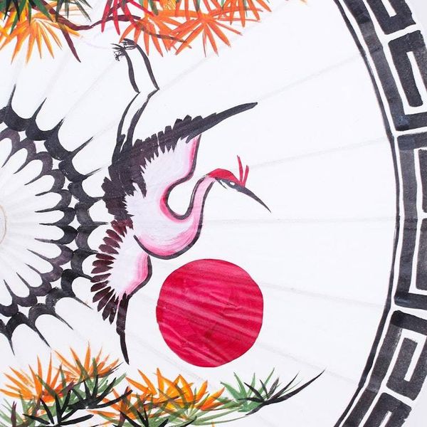 Alternate image for Hand-Painted Bamboo and Cotton Parasol Red Sun, White Crane