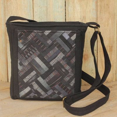 Alternate image for Black Cotton Thai Applique Shoulder Bag with 3 Pockets Black Siam