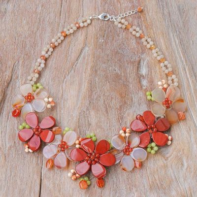 Alternate image for Quartz and Jasper Pendant Necklace with Floral Motif Thai Sunrise