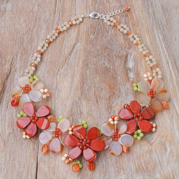 Alternate image for Quartz and Jasper Pendant Necklace with Floral Motif Thai Sunrise