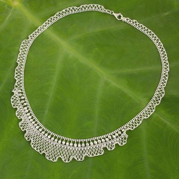 Alternate image for Beaded Sterling Silver Necklace Thai Artisan Jewelry Ruffles in Lace
