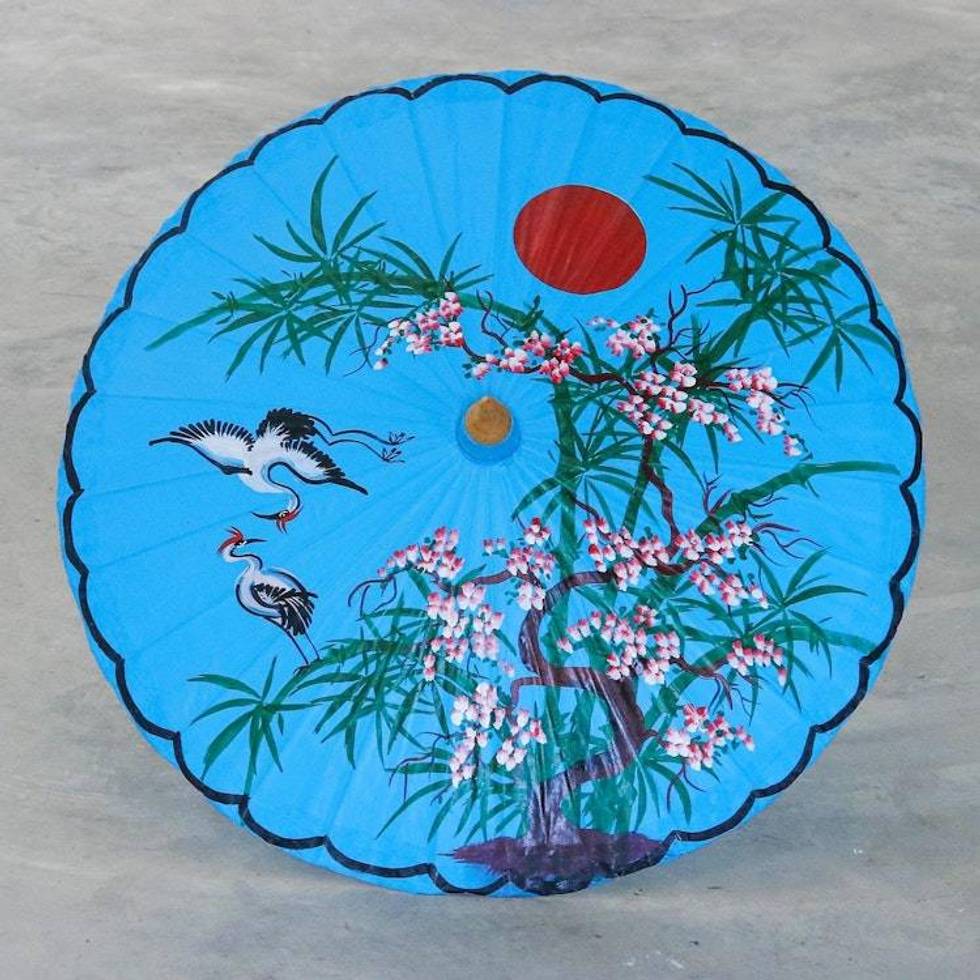 Artisan Crafted Parasol from Thailand 'Blue Cherry Blossom'