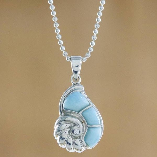 Alternate image for Larimar and Sterling Silver Nautilus Pendant Necklace Oceans Call