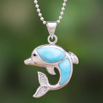 Alternate image for Larimar and Sterling Silver Leaping Dolphin Pendant Necklace Dolphin Leap