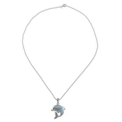 Alternate image for Larimar and Sterling Silver Leaping Dolphin Pendant Necklace Dolphin Leap
