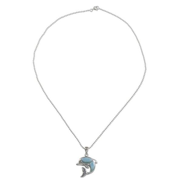 Alternate image for Larimar and Sterling Silver Leaping Dolphin Pendant Necklace Dolphin Leap