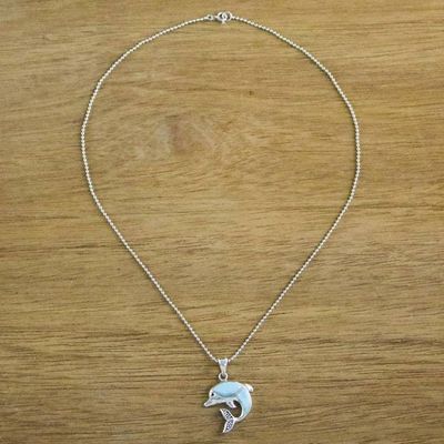 Alternate image for Larimar and Sterling Silver Leaping Dolphin Pendant Necklace Dolphin Leap