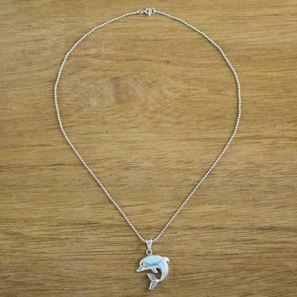 Alternate image for Larimar and Sterling Silver Leaping Dolphin Pendant Necklace Dolphin Leap