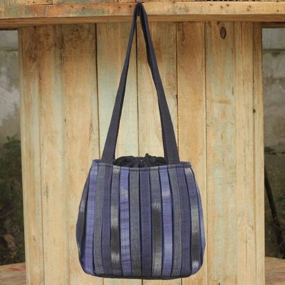 Alternate image for Hand Woven Cotton Shoulder Bag in Blue and Black Orient Blue