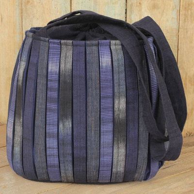 Alternate image for Hand Woven Cotton Shoulder Bag in Blue and Black Orient Blue