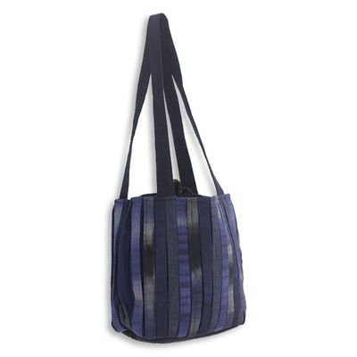 Alternate image for Hand Woven Cotton Shoulder Bag in Blue and Black Orient Blue