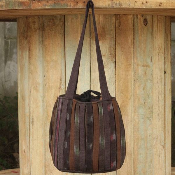 Alternate image for Ikat Style Hand Woven Cotton Shoulder Bag with Pockets Oriental Dark Brown