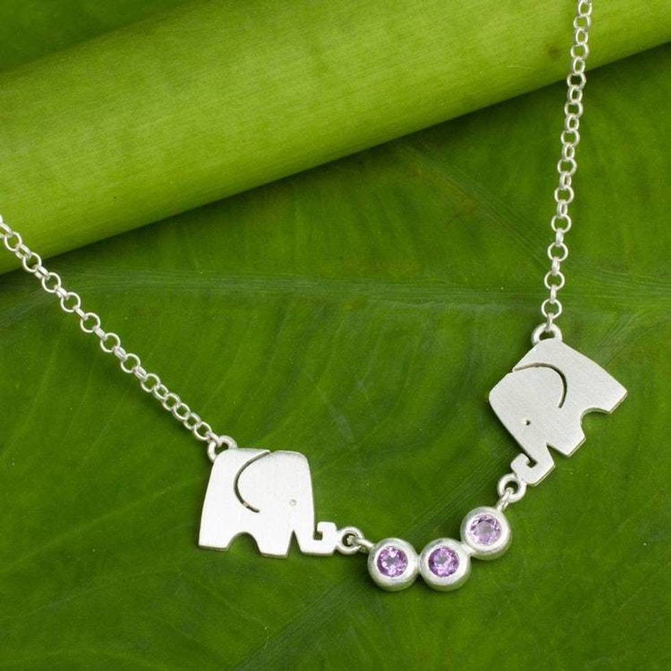 Elephant Pendant Necklace from Thailand with Amethysts 'Grateful Elephant'