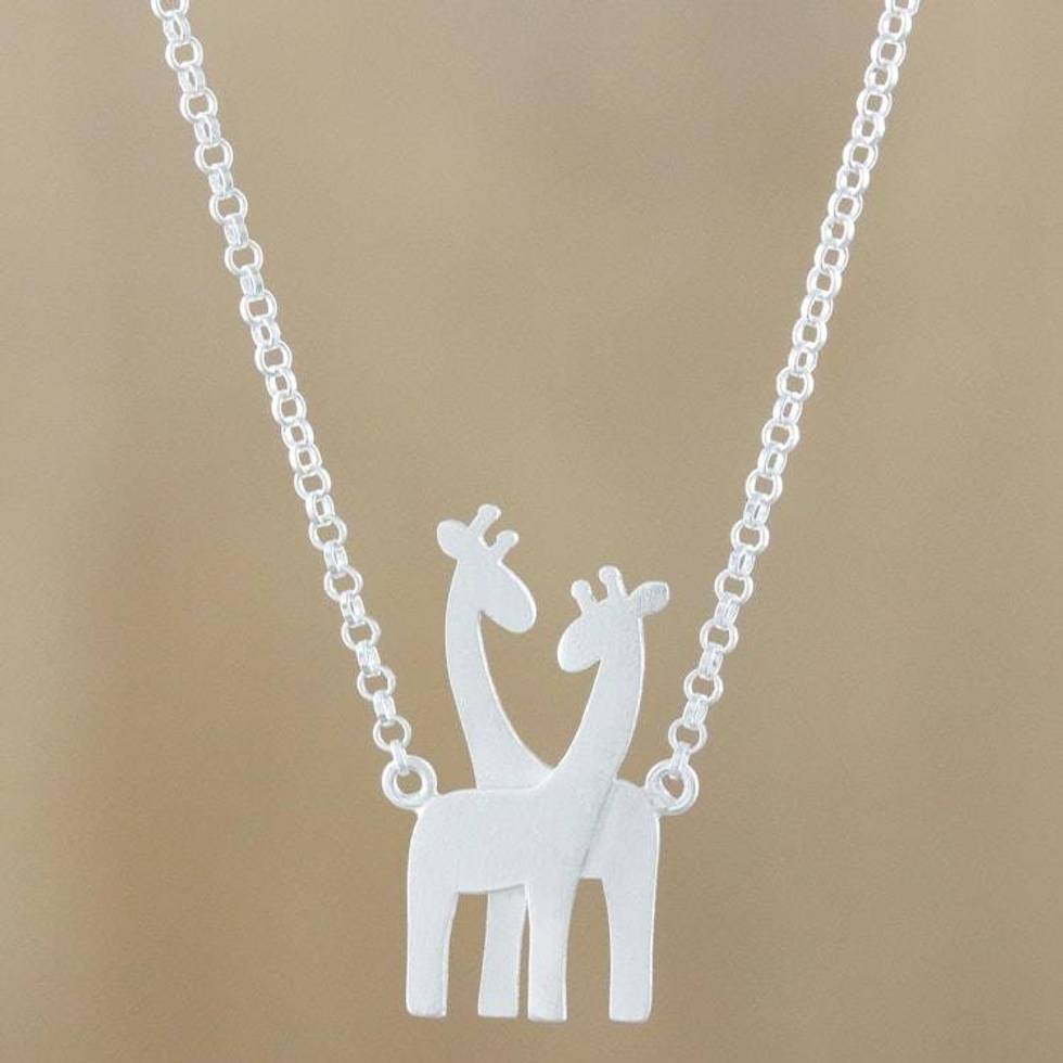 Sterling Silver Giraffe Pendant Necklace from Thailand 'Giraffe Love'