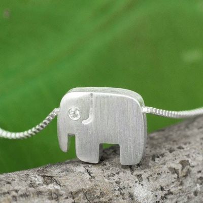 Alternate image for Brushed Sterling Silver and CZ Elephant Pendant Necklace Elephants Forever