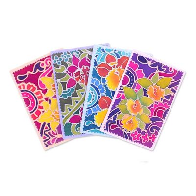 Alternate image for Floral-Themed Batik Cotton Paper Greeting Cards Set of 4 Blooming Salutations