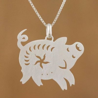 Alternate image for Thai Sterling Silver Pendant Necklace with Pig Theme Chinese Zodiac Pig