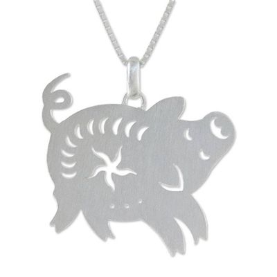 Alternate image for Thai Sterling Silver Pendant Necklace with Pig Theme Chinese Zodiac Pig