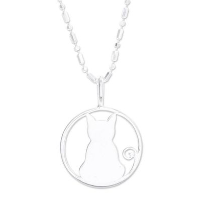 Alternate image for High-Polished Cat and Moon-Themed Sterling Silver Necklace Moony Cat