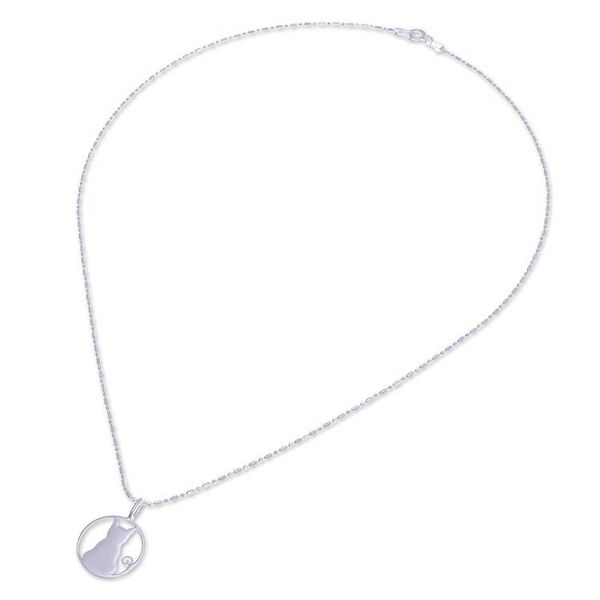 Alternate image for High-Polished Cat and Moon-Themed Sterling Silver Necklace Moony Cat