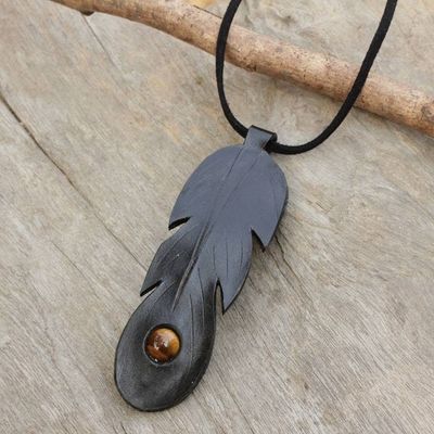 Alternate image for Handcrafted Black Leather Necklace with Tigers Eye Feather Spirit in Black