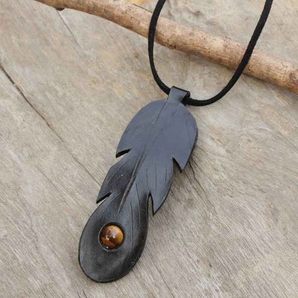 Alternate image for Handcrafted Black Leather Necklace with Tigers Eye Feather Spirit in Black