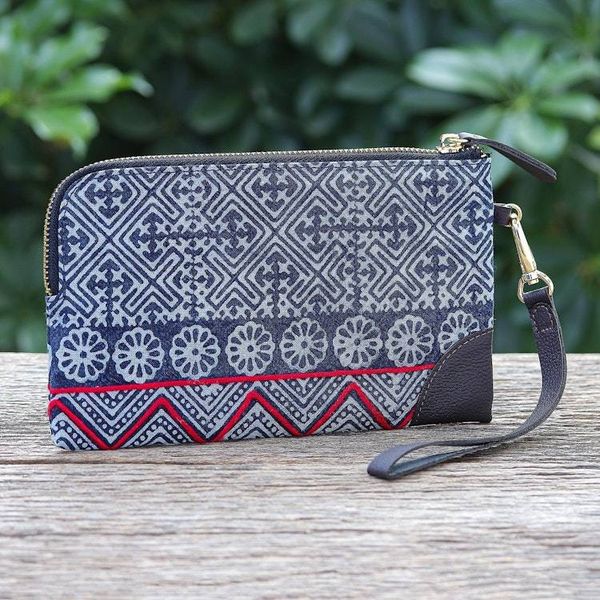 Alternate image for Hand Made Cotton and Leather Batik Wristlet Bag Modern Lady