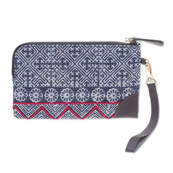 Alternate image for Hand Made Cotton and Leather Batik Wristlet Bag Modern Lady