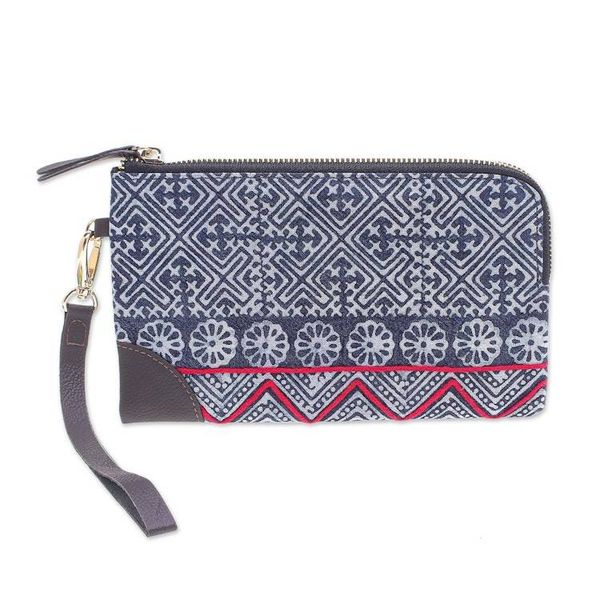 Alternate image for Hand Made Cotton and Leather Batik Wristlet Bag Modern Lady