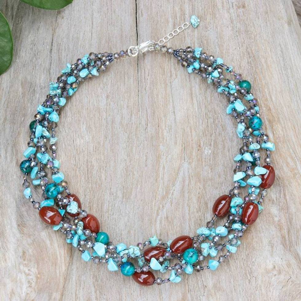 Blue and Red Multi-Gemstone Waterfall Necklace from Thailand 'Sea Glam'