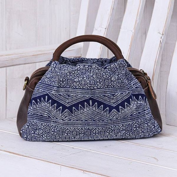 Alternate image for Block-Printed Leather and Cotton Batik Handbag Modern Hmong