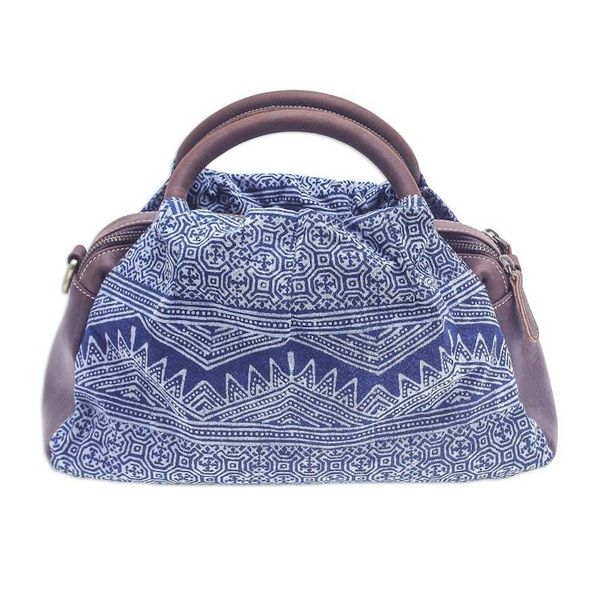 Alternate image for Block-Printed Leather and Cotton Batik Handbag Modern Hmong