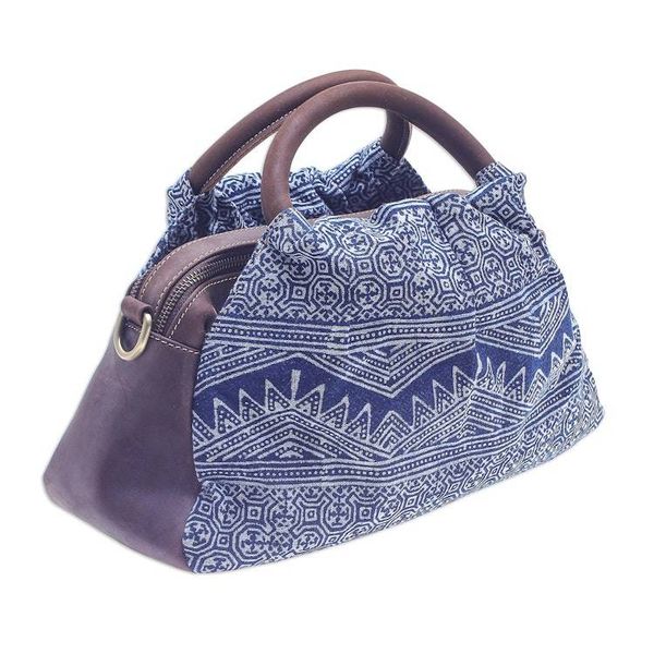Alternate image for Block-Printed Leather and Cotton Batik Handbag Modern Hmong