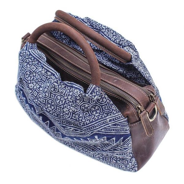 Alternate image for Block-Printed Leather and Cotton Batik Handbag Modern Hmong
