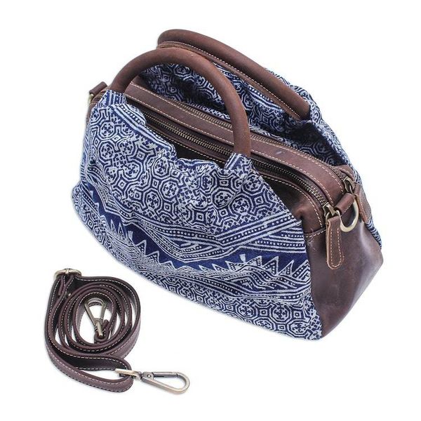 Alternate image for Block-Printed Leather and Cotton Batik Handbag Modern Hmong