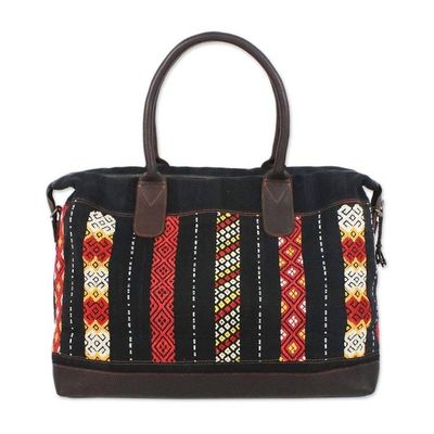 Alternate image for Leather Accent Tribal Cotton Shoulder Bag Naga Midnight