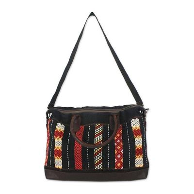 Alternate image for Leather Accent Tribal Cotton Shoulder Bag Naga Midnight