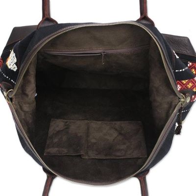 Alternate image for Leather Accent Tribal Cotton Shoulder Bag Naga Midnight