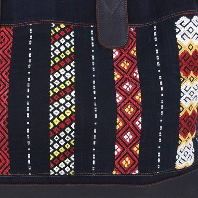 Alternate image for Leather Accent Tribal Cotton Shoulder Bag Naga Midnight