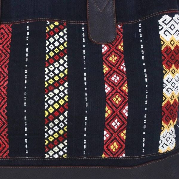 Alternate image for Leather Accent Tribal Cotton Shoulder Bag Naga Midnight