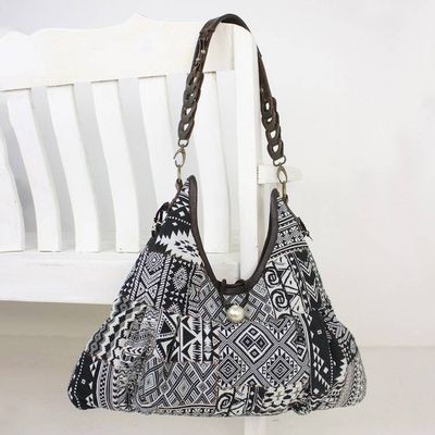 Primary image for Cotton Blend Handmade Artisan Patchwork Shoulder Bag Graceful Geometry in Black