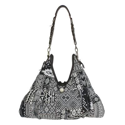 Alternate image for Cotton Blend Handmade Artisan Patchwork Shoulder Bag Graceful Geometry in Black