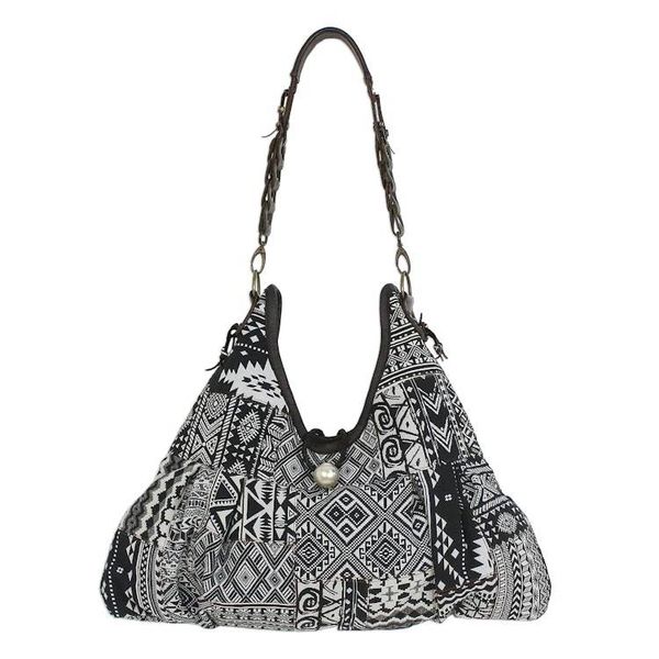 Alternate image for Cotton Blend Handmade Artisan Patchwork Shoulder Bag Graceful Geometry in Black